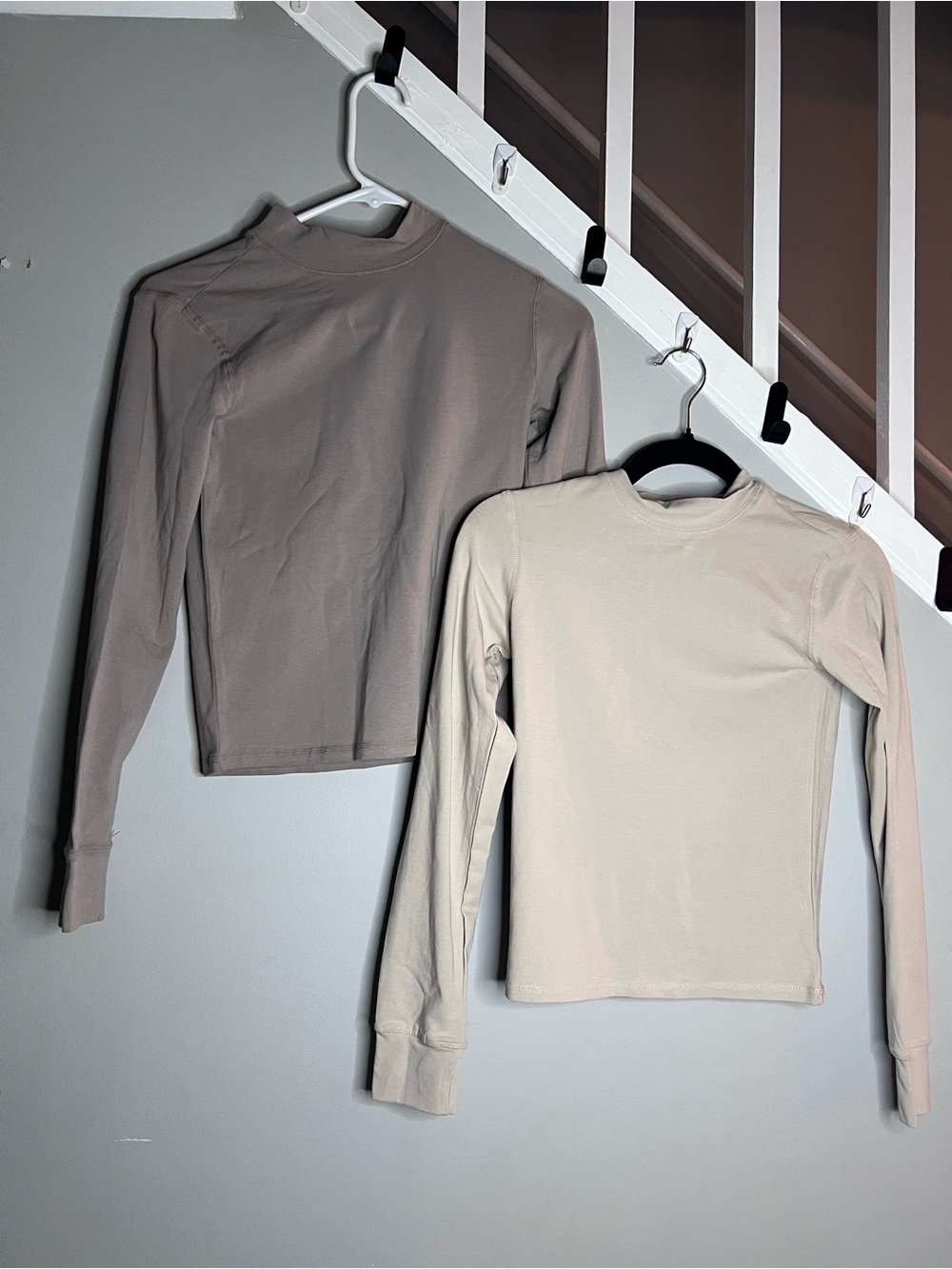0044: Two Yogalicious Airlite Melissa Long Sleeve Mock Neck Tops in Light Taupe